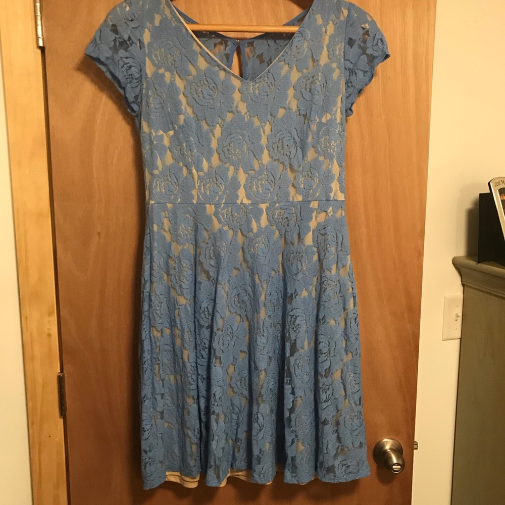 Sz 12 blue Lace dress. Nude color lining. EUC